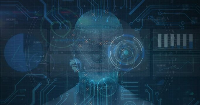 Animation of microprocessor connections and scope scanning with data processing against human head - Powered by Adobe