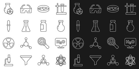 Set line Atom, Chemical formula for H2O, Test tube and flask, Petri dish with bacteria, Pipette, radiation and icon. Vector