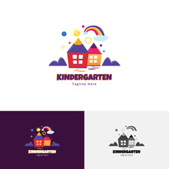 Kids Kindergarten Pencil Rainbow and House Combination with Fun Color Logo Template for Course School Brand Company Product