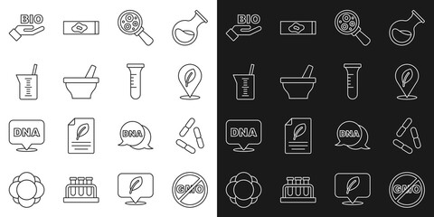 Set line No GMO, Virus, Location with leaf, Microorganisms under magnifier, Mortar and pestle, Laboratory glassware beaker, Bio healthy food and Test tube flask icon. Vector