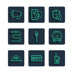 Set line Firefighter helmet, exit, Walkie talkie, protection shield, Burning match with fire, hose reel, Megaphone and truck icon. Vector