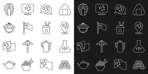Set line Sushi on cutting board, Dumpling, China flag, flagpole, Chinese conical straw hat, Fish steak and Noodles box and chopsticks icon. Vector
