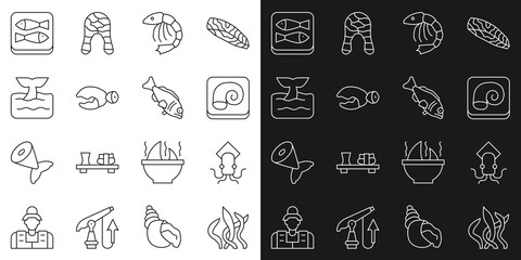 Set line Seaweed, Octopus, on plate, Shrimp, Lobster or crab claw, Whale tail in ocean wave, Canned fish and Fish icon. Vector