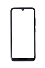 New modern black frameless smartphone mockup with blank white screen Isolated on a transparent background.