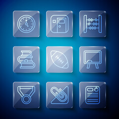 Set line Medal, Paper clip, Dossier folder, Abacus, American football ball, Book, Clock and Chalkboard icon. Vector