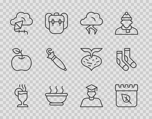 Set line Mulled wine, Calendar with autumn leaves, Storm, Bowl of hot soup, Kite, Umbrella, Graduate and graduation cap and Socks icon. Vector
