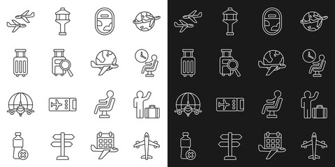Set line Plane, Tourist with suitcase, Human waiting in airport terminal, Airplane window, Lost baggage, Suitcase, and Globe flying icon. Vector