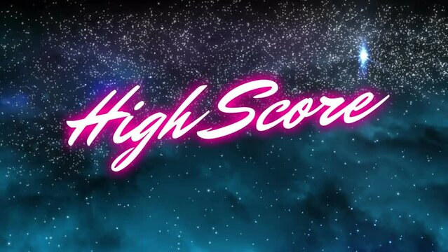 Animation of high score text with flying lens flare over shining stars in galaxy