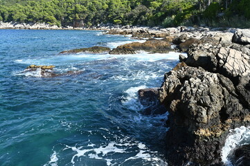 The rocky coastline of the Island of Lokrum in Dubrovik on the Adriatic sea.