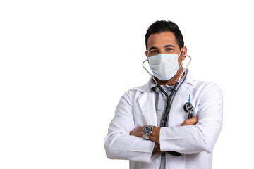 doctor with crossed arms holding a stethoscope, wearing a face shield