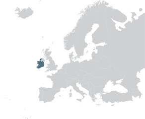 Blue Map of Republic of Ireland within gray map of European continent