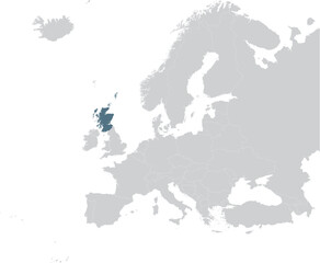 Blue Map of Scotland within gray map of European continent