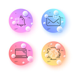 New mail, Alarm sound and Laptop minimal line icons. 3d spheres or balls buttons. Global business icons. For web, application, printing. Add e-mail, Music bell, Computer. Outsourcing. Vector