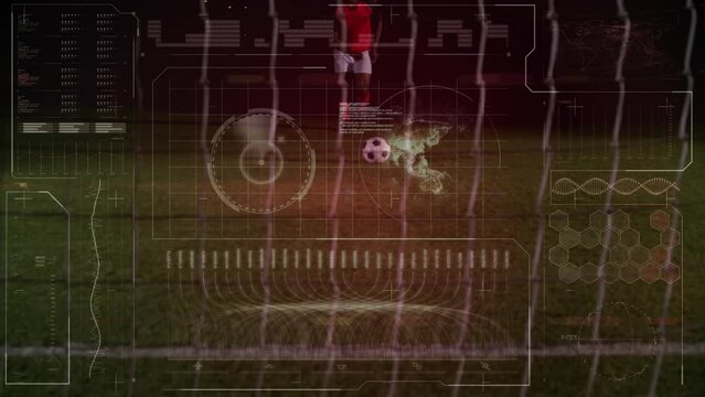 Animation of infographic interface over african american soccer player kicking soccer ball on ground