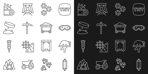 Set line Gem stone, Miner helmet, Safety goggle glasses, Pickaxe, Giant magnet holding iron dust, Conveyor belt carrying coal and trolley icon. Vector