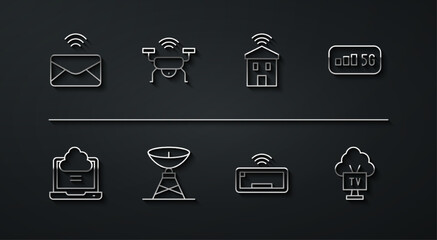 Set line Mail and e-mail, Network cloud connection, 5G wireless internet, Computer keyboard, Satellite dish, Smart drone system, Tv and home with wi-fi icon. Vector