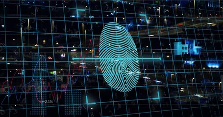 Animation of digital fingerprint with grid over time lapse of vehicles moving on street in city - Powered by Adobe