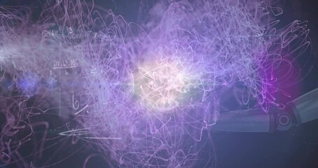 Animation of mathematical equation with abstract pattern and lens flare over robotic arm - Powered by Adobe