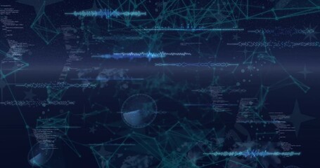 Animation of dots forming abstract pattern, programming language, soundwave and digital clock - Powered by Adobe