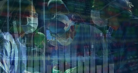 Animation of multiple graphs with trading board over surgeons performing surgery in operation room - Powered by Adobe