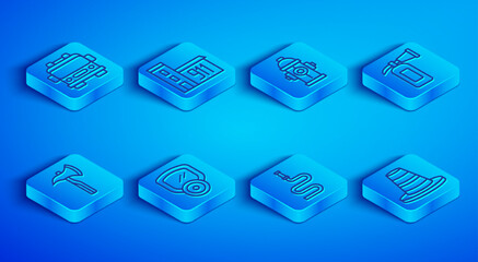 Set line Fire truck, Building of fire station, hydrant, Gas mask, hose reel, extinguisher, Firefighter axe and Traffic cone icon. Vector