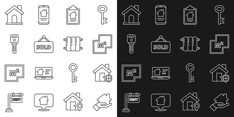 Set line Realtor, House under protection, plan, contract, Hanging sign with text Sold, key, and Heating radiator icon. Vector