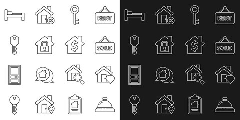 Fototapeta na wymiar Set line Hotel service bell, House with heart shape, Hanging sign text Sold, key, under protection, Bed and dollar symbol icon. Vector