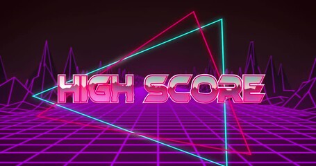 Animation of high score text in multicolored triangles over grid pattern and digital mountains - Powered by Adobe