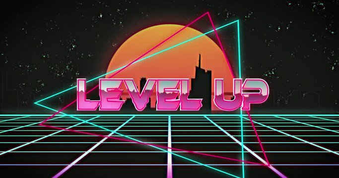 Animation of level up text in multicolored triangle against silhouette cityscape and sun