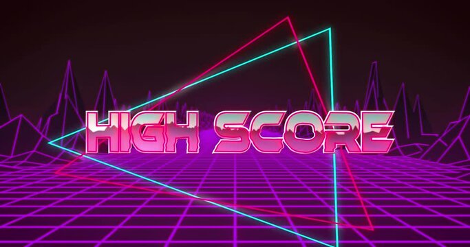 Animation of high score text in multicolored triangles over grid pattern and digital mountains - Powered by Adobe