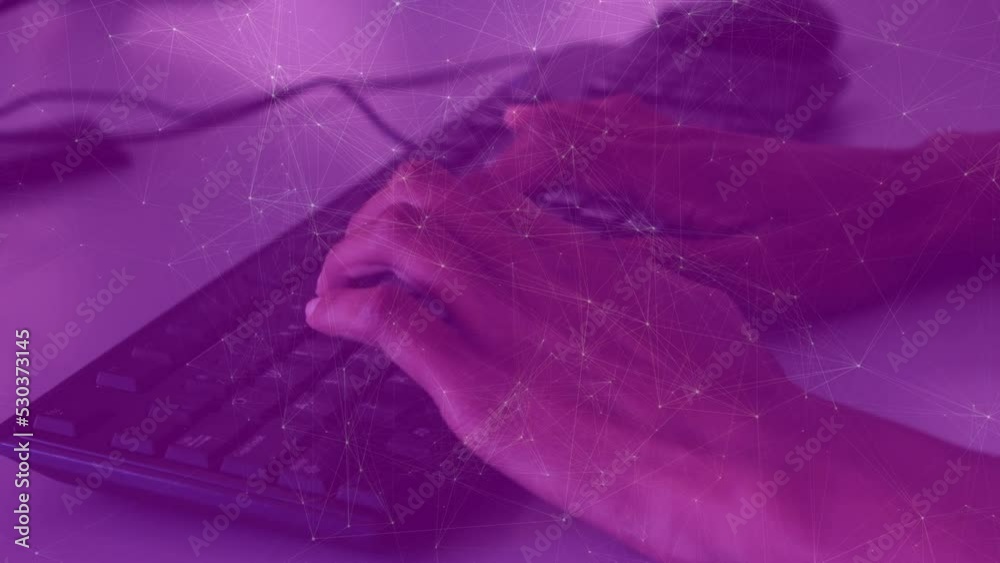 Poster animation of dots interconnecting with lines over cropped hands of boy using keyboard and mouse