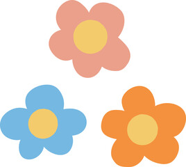Fototapeta na wymiar Simple groovy retro small colorful daisies. Blue, pink and orange hippie daisy flower. Cute graphic element. Hand-drawn digital drawing.