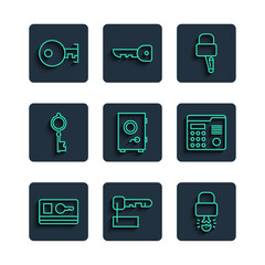 Set line Key card, Marked key, broke inside of padlock, Lock picks for picking, Safe, Old, and House intercom system icon. Vector