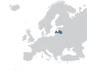 Blue Map of Latvia within gray map of European continent