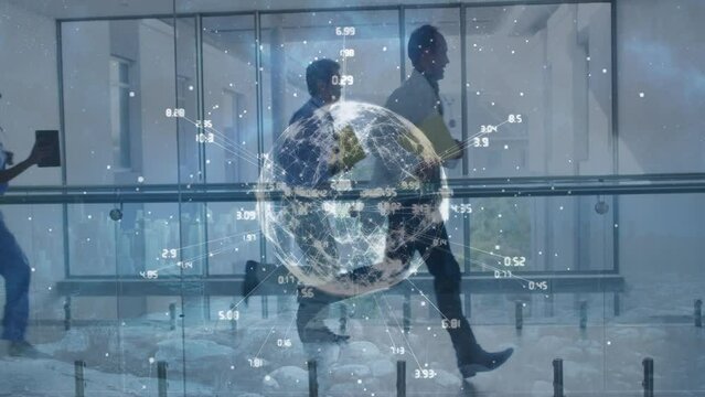 Animation of numbers around rotating globe over multiracial doctors running to emergency room