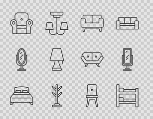 Set line Big bed, Bunk, Sofa, Coat stand, Armchair, Table lamp, Chair and full length mirror icon. Vector