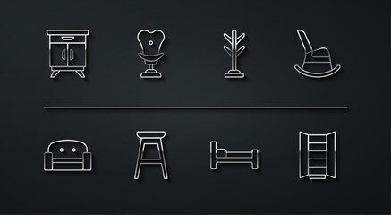 Set line Furniture nightstand, Armchair, Rocking, Bed, Chair, Wardrobe and Coat icon. Vector