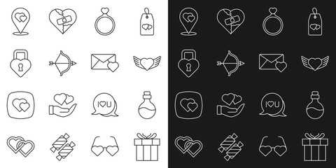 Set line Gift box, Bottle with love potion, Heart wings, Wedding rings, Bow and arrow, Castle the shape of heart, Location and Envelope Valentine icon. Vector