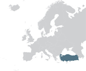 Blue Map of Turkey within gray map of European continent