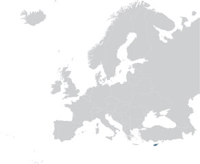 Blue Map of Republic of Cyprus within gray map of European continent