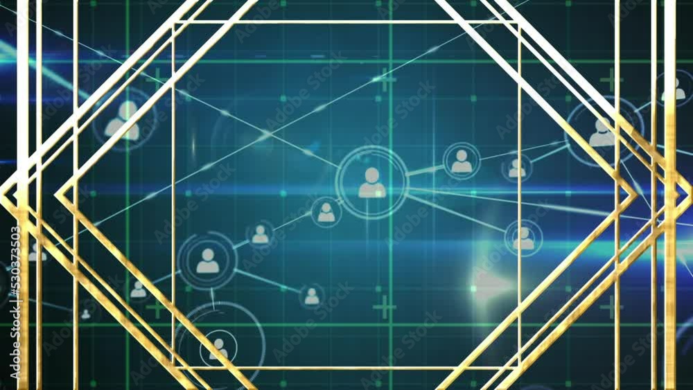 Wall mural animation of profile icons interconnecting with lines and lens flare with rhombus shape