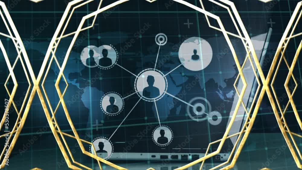 Poster animation of profile icons connected with lines, abstract shape and map over hands using laptop