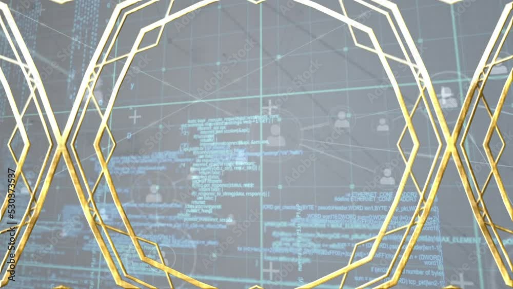 Poster animation of geometric shapes with profile icons interconnected with lines over programming language