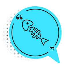 Black line Fish skeleton icon isolated on white background. Fish bone sign. Blue speech bubble symbol. Vector