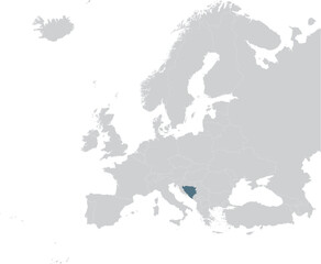Blue Map of Bosnia and Herzegovina within gray map of European continent