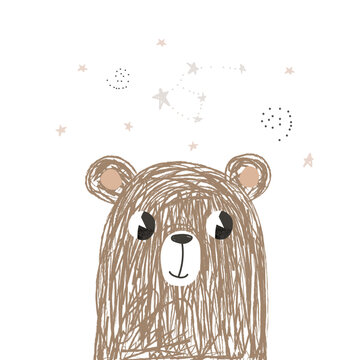 Cartoon bear and constellations. Cute childish print. Vector hand drawn illustration.