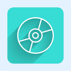 White line Vinyl disk icon isolated with long shadow background. Green square button. Vector