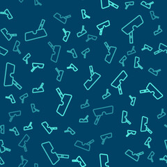 Green line Ashtray with cigarette icon isolated seamless pattern on blue background. Vector