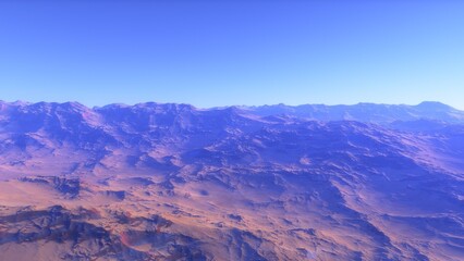 Mars like red planet, with arid landscape, rocky hills and mountains, for space exploration and science fiction backgrounds.
