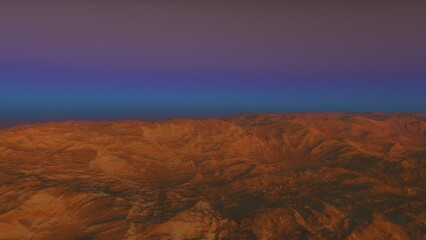 Mars like red planet, with arid landscape, rocky hills and mountains, for space exploration and science fiction backgrounds.

